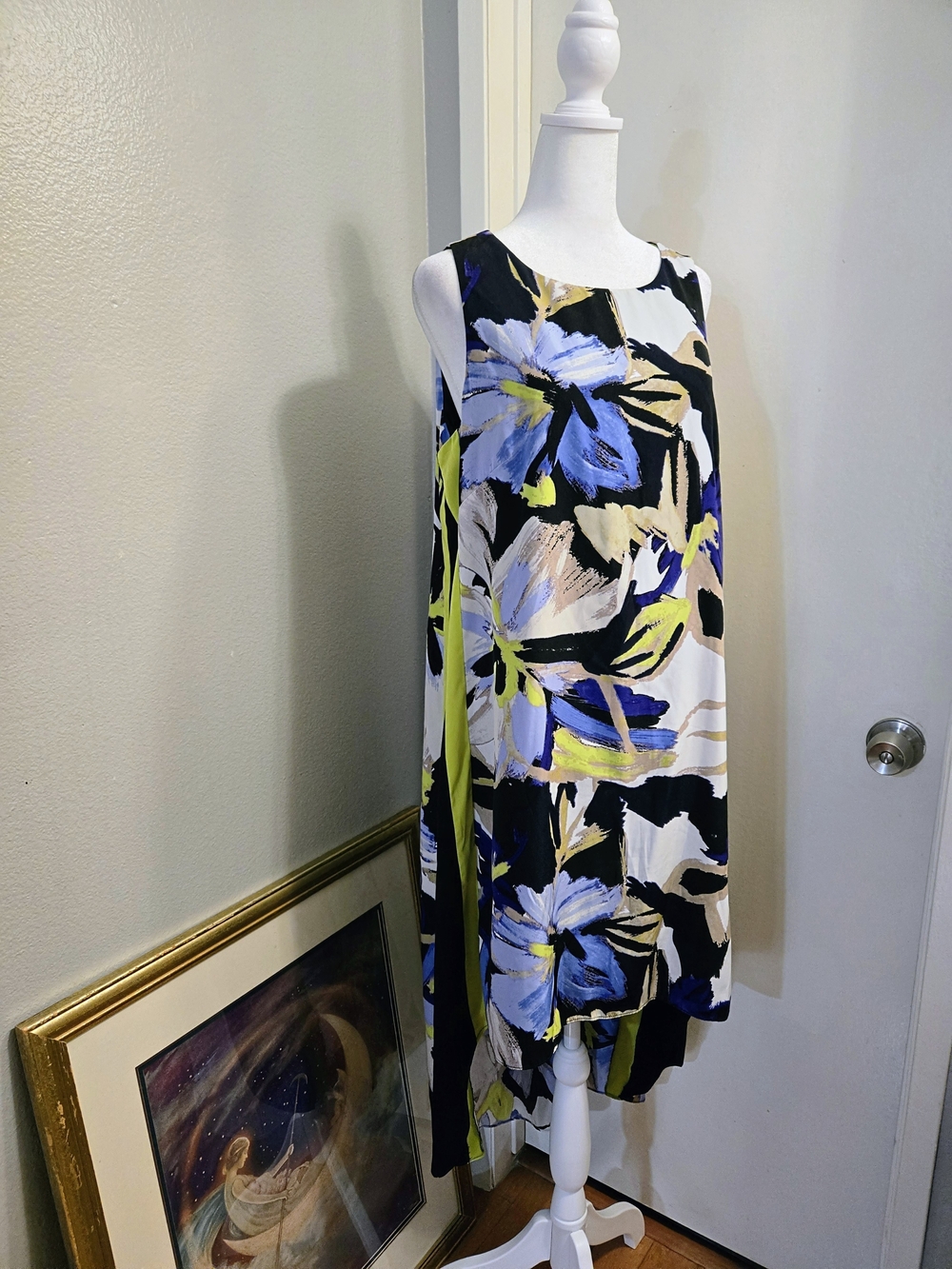 Vince Camuto Black Floral Dress with Bright Blue & Neon Yellow Trim Size 12